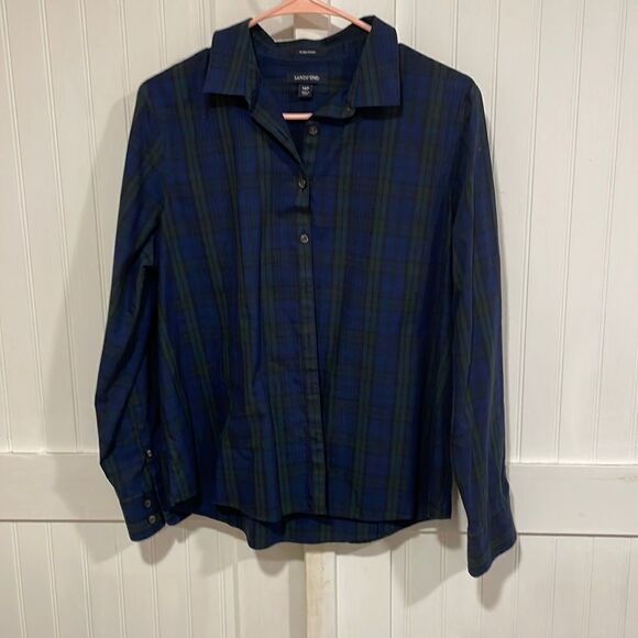 Banana Republic blue/green plaid blouse size 14P - Picture 2 of 9